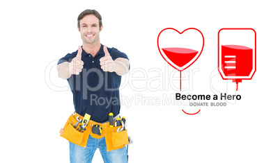 Composite image of man wearing tool belt while showing thumbs up