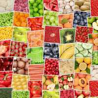 Gemüse, Obst und Früchte Hintergrund mit Tomaten, Apfel, Orang