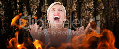 Composite image of upset woman screaming with hands up
