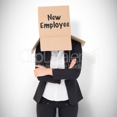 Composite image of businesswoman lifting box off head