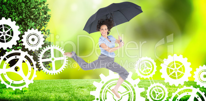 Composite image of happy classy businesswoman jumping while hold