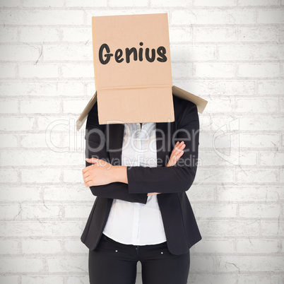 Composite image of businesswoman lifting box off head