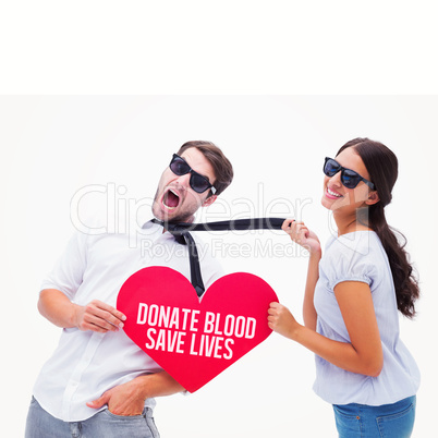 Composite image of brunette pulling her boyfriend by the tie hol