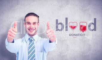Composite image of positive businessman smiling with thumbs up