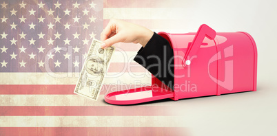 Composite image of businesswomans hand holding hundred dollar bi