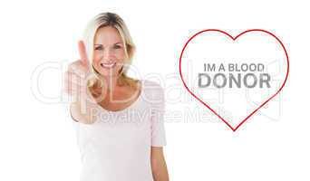 Composite image of happy blonde showing thumbs up and smiling at