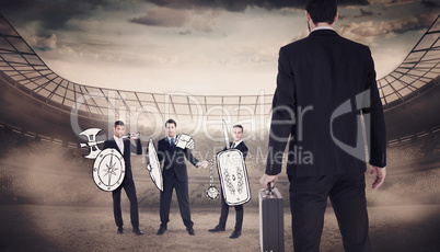 Composite image of rear view of businessman holding a briefcase