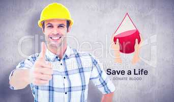 Composite image of architect showing thumbs up over white backgr