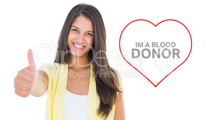 Composite image of happy casual woman showing thumbs up