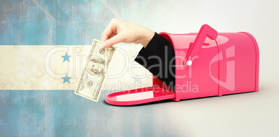 Composite image of businesswomans hand holding hundred dollar bi