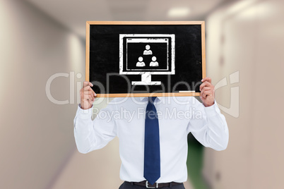 Composite image of businessman showing board