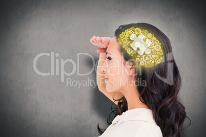 Composite image of pretty brunette looking with hand up