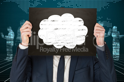 Composite image of businessman holding board