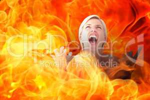 Composite image of upset woman screaming with hands up