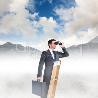 Composite image of businessman looking on a ladder