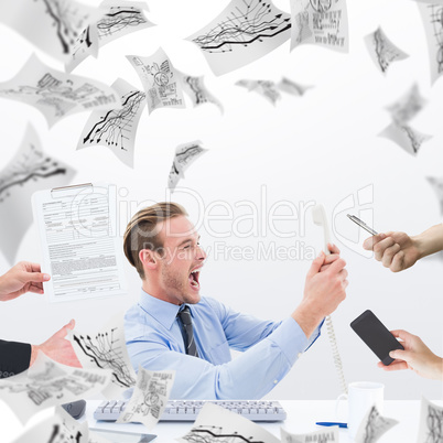 Composite image of businessman in suit offering his hand