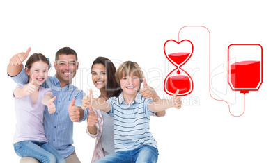 Composite image of happy family gesturing thumbs up