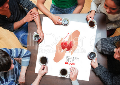 Composite image of people sitting around table drinking coffee