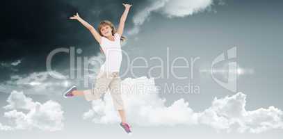 Composite image of happy girl jumping