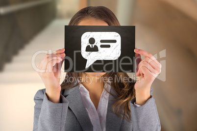 Composite image of businesswoman showing card