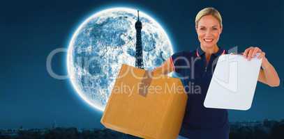 Composite image of happy delivery woman holding cardboard box an