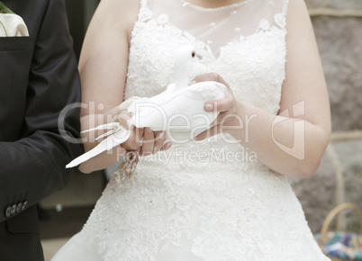 Braut mit Taube in der Hand