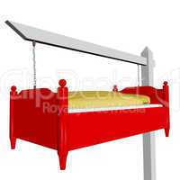 Gallows with suspended bed as advertising sign