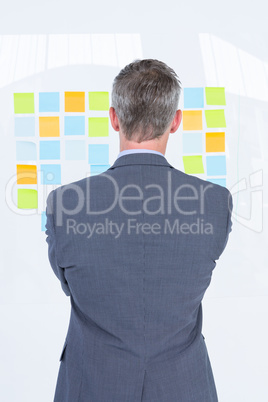 Puzzled businessman looking post its on the wall