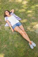 Pretty brunette relaxing in the grass