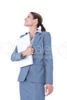 image of confident businesswoman holding laptop