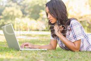 Pretty brunette lying in the grass and using laptop
