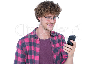 Happy handsome man using his smartphone