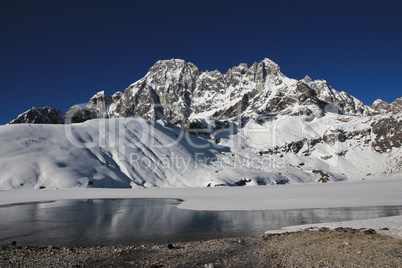 View from Gokyo, lake and high mountain