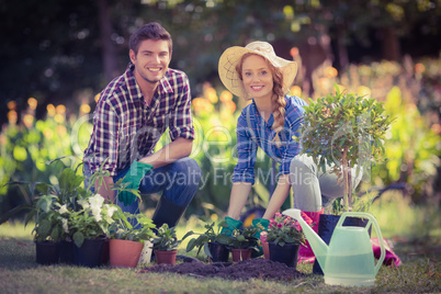 Happy young couple gardening together