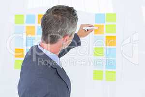 Puzzled businessman looking post its on the wall