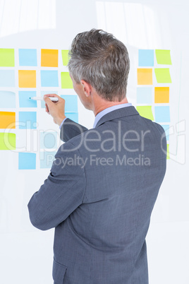 Puzzled businessman looking post its on the wall