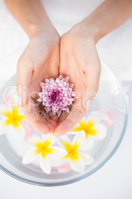 Petals of flower in wooden bowl