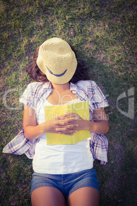 Pretty brunette resting in the grass