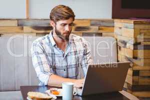 Smiling student using laptop in cafe