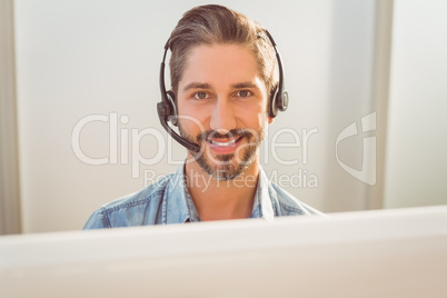 Call centre representative using headset