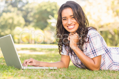 Pretty brunette lying in the grass and using laptop