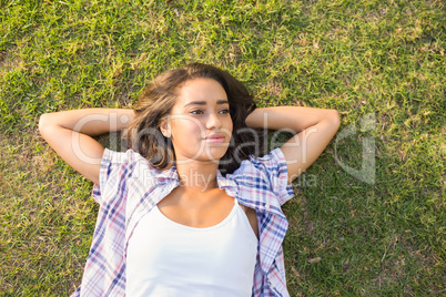 Pretty brunette relaxing in the grass