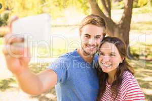 Cute couple doing selfie in the park