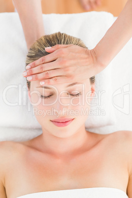 Calm woman receiving reiki treatment