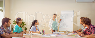 Casual businesswoman giving presentation to her colleagues