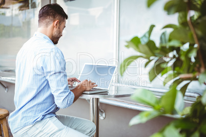 Smiling businessman using his laptop