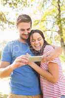 Cute couple using mobile phone in the park