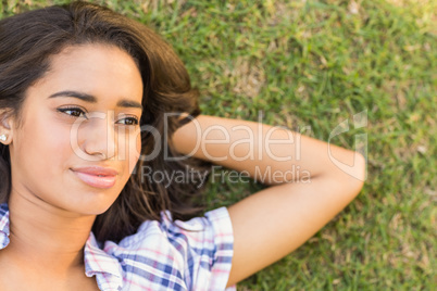 Pretty brunette relaxing in the grass