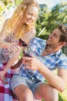 Young couple on a picnic drinking wine