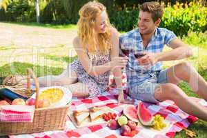 Young couple on a picnic drinking wine